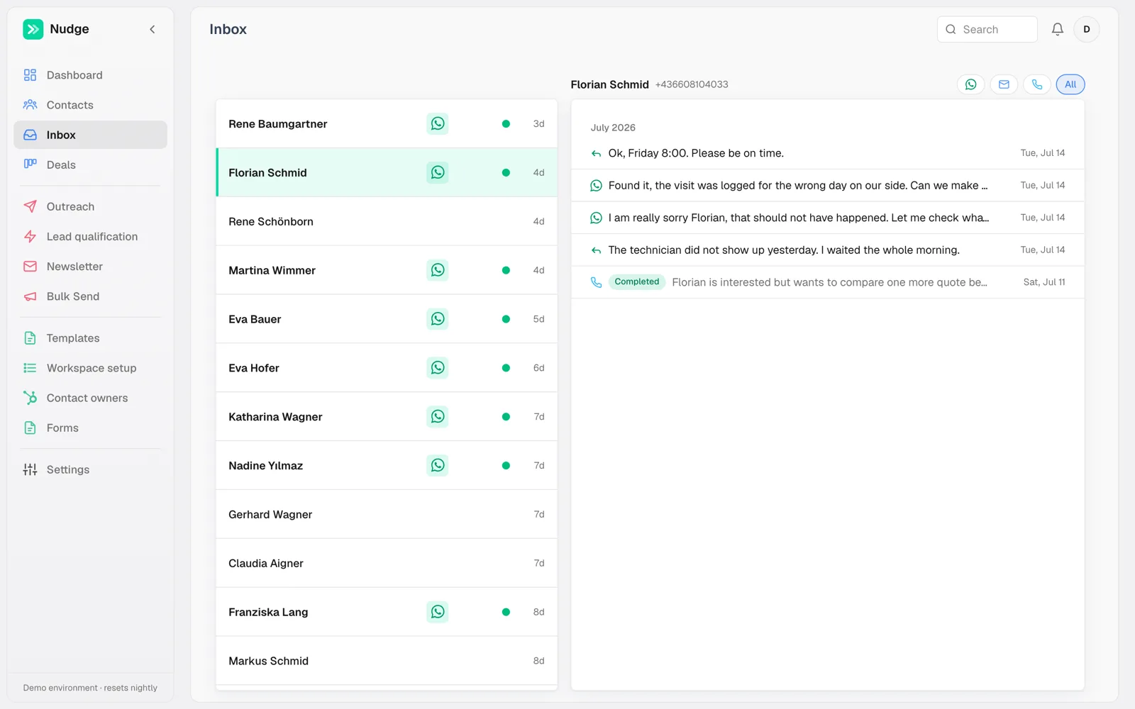 Inbox. WhatsApp replies and AI call summaries in one thread per contact.