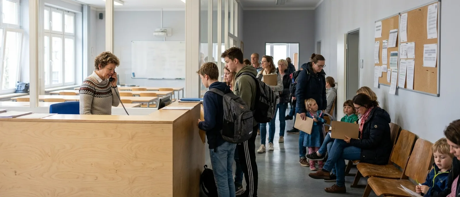 Der Empfang einer Sprachschule zur Anmeldezeit: wartende Eltern, während eine Mitarbeiterin telefoniert.