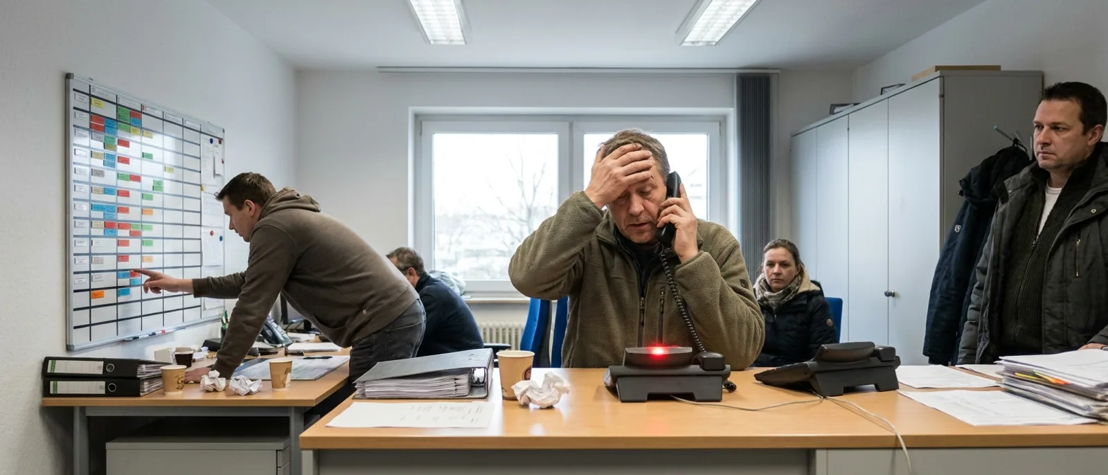 Ein Dispositionsbüro: Fahrzeuge auf der Tafel, während ein Disponent einen Anruf entgegennimmt.