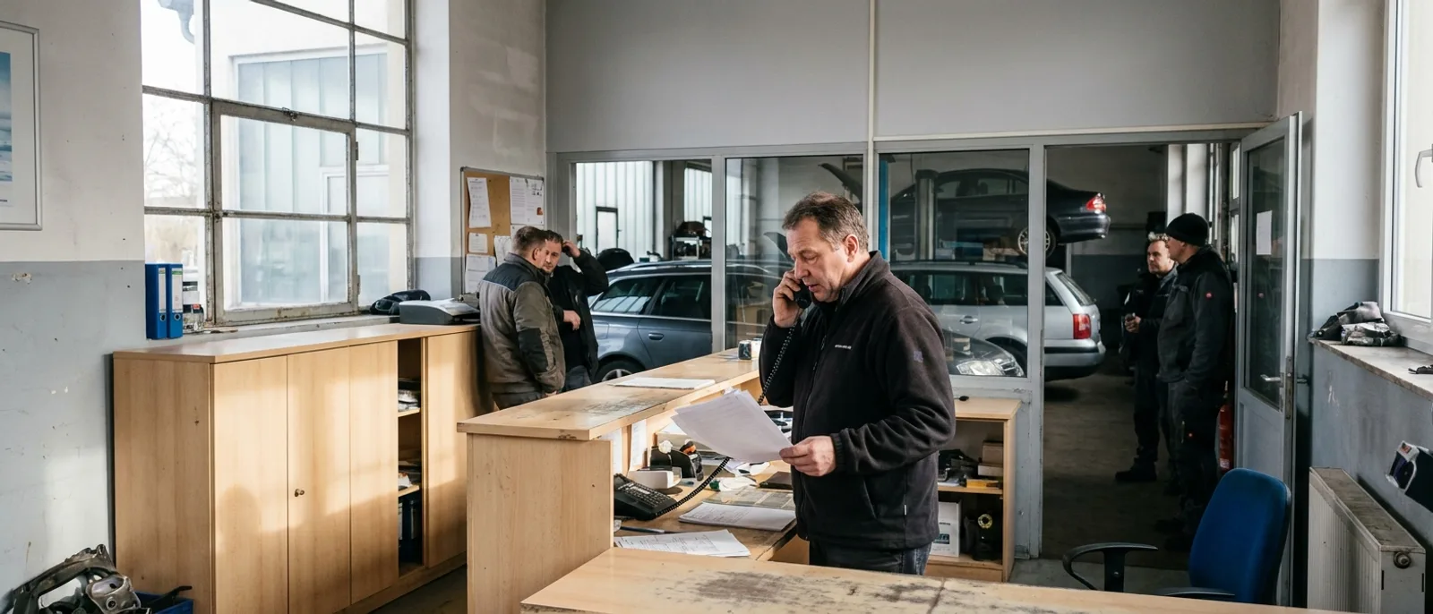 Eine Serviceannahme in der Werkstatt: wartende Fahrzeuge, ein Mitarbeiter mit Auftrag in der Hand am Telefon.