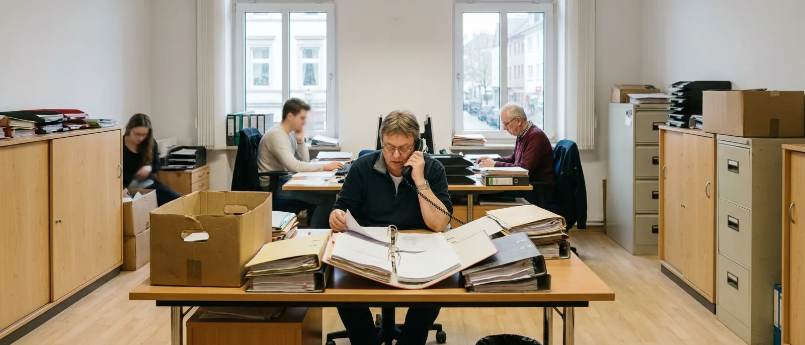 Eine Steuerkanzlei in der Abgabesaison: Schreibtische voller Unterlagen, jemand nimmt einen Anruf entgegen.