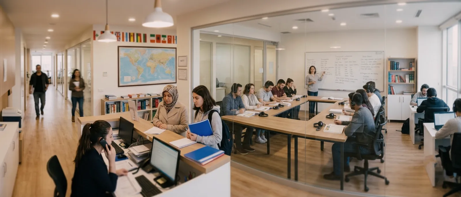 Der Empfang einer Sprachschule zur Anmeldezeit: wartende Eltern, während eine Mitarbeiterin telefoniert.