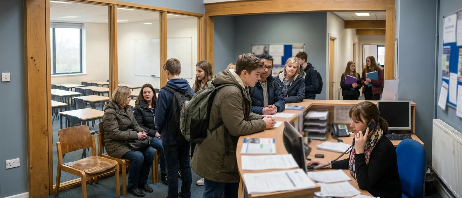 A language school reception during enrolment: parents waiting while a member of staff is on the phone.