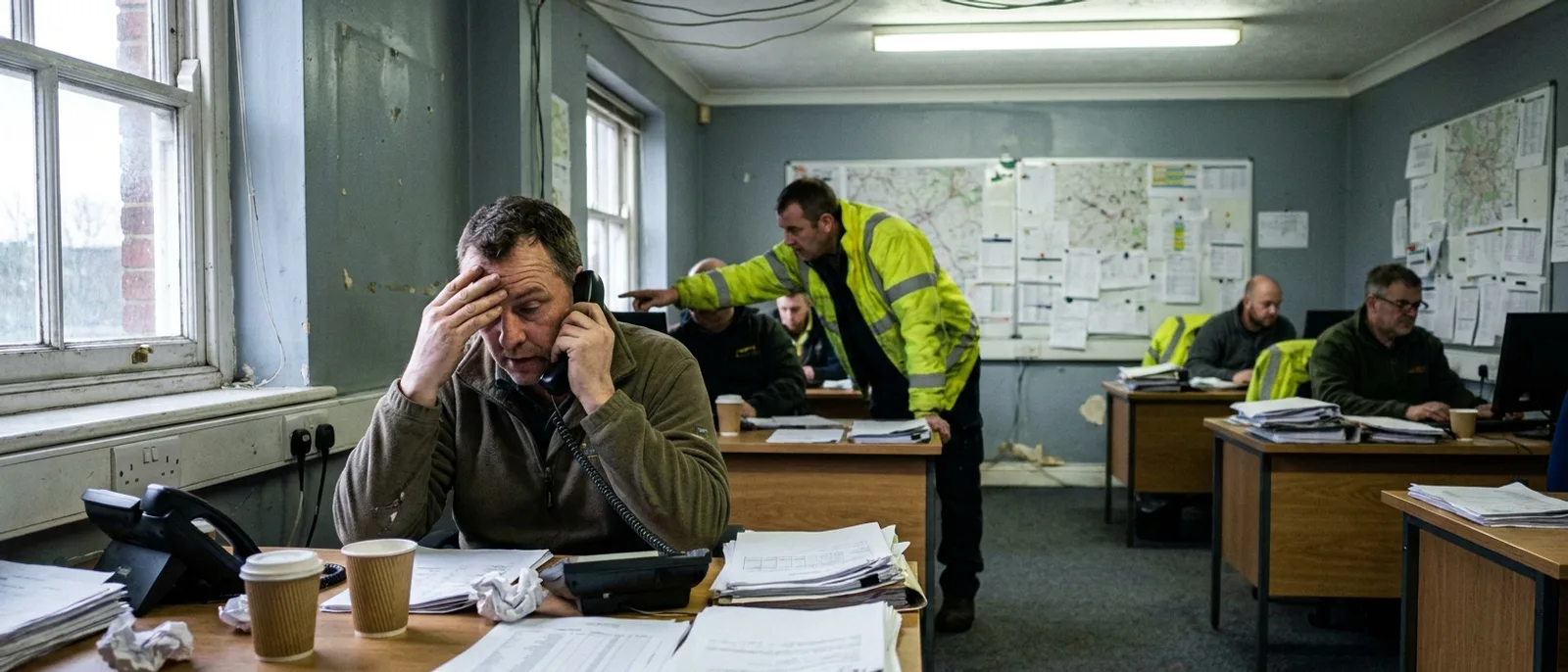 A logistics operations room: vehicles on the board while a coordinator takes a call.