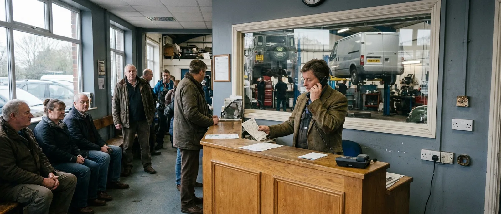 A workshop service desk: vehicles waiting, an adviser on the phone with a job card in hand.