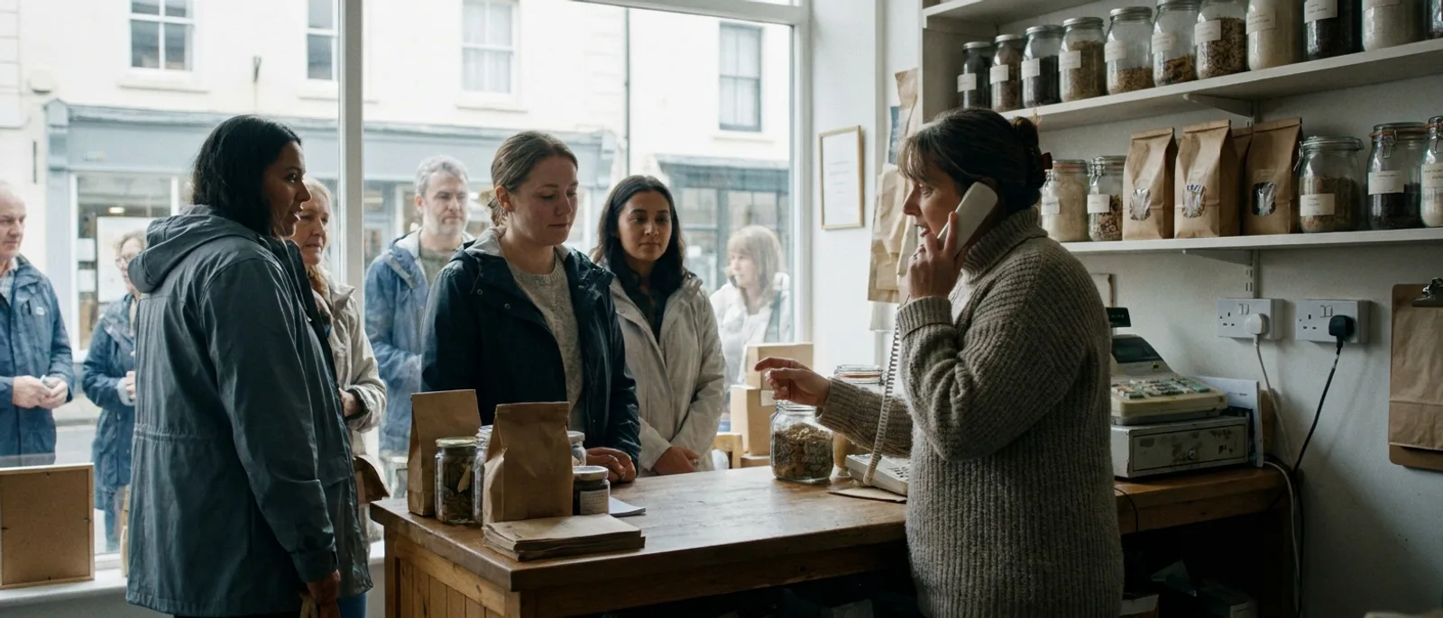 A shop counter at a busy hour: a queue of customers while a member of staff answers the phone.