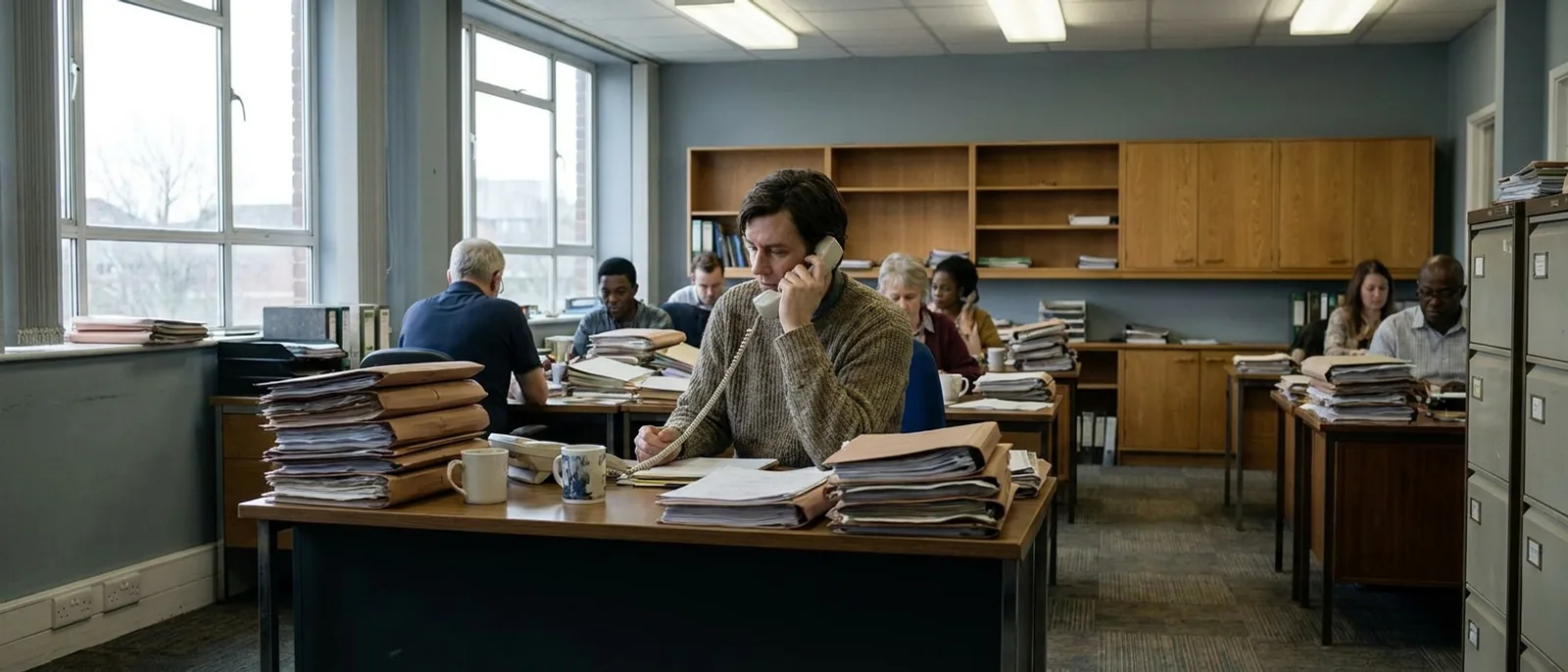 An accountancy office in filing season: desks covered in paperwork while someone takes a call.