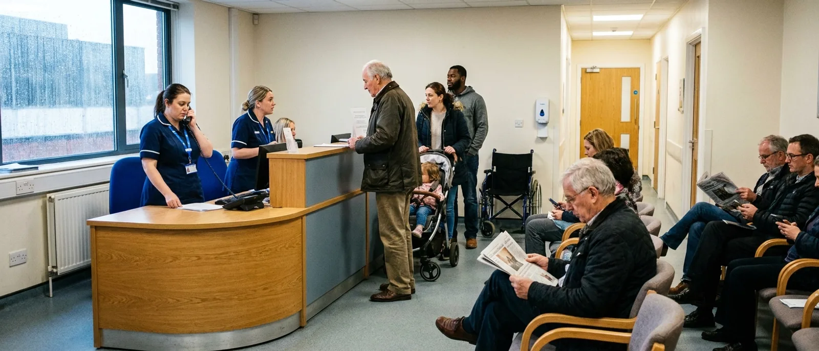 A busy clinic reception: every waiting seat taken, a queue at the desk, one receptionist on the phone.