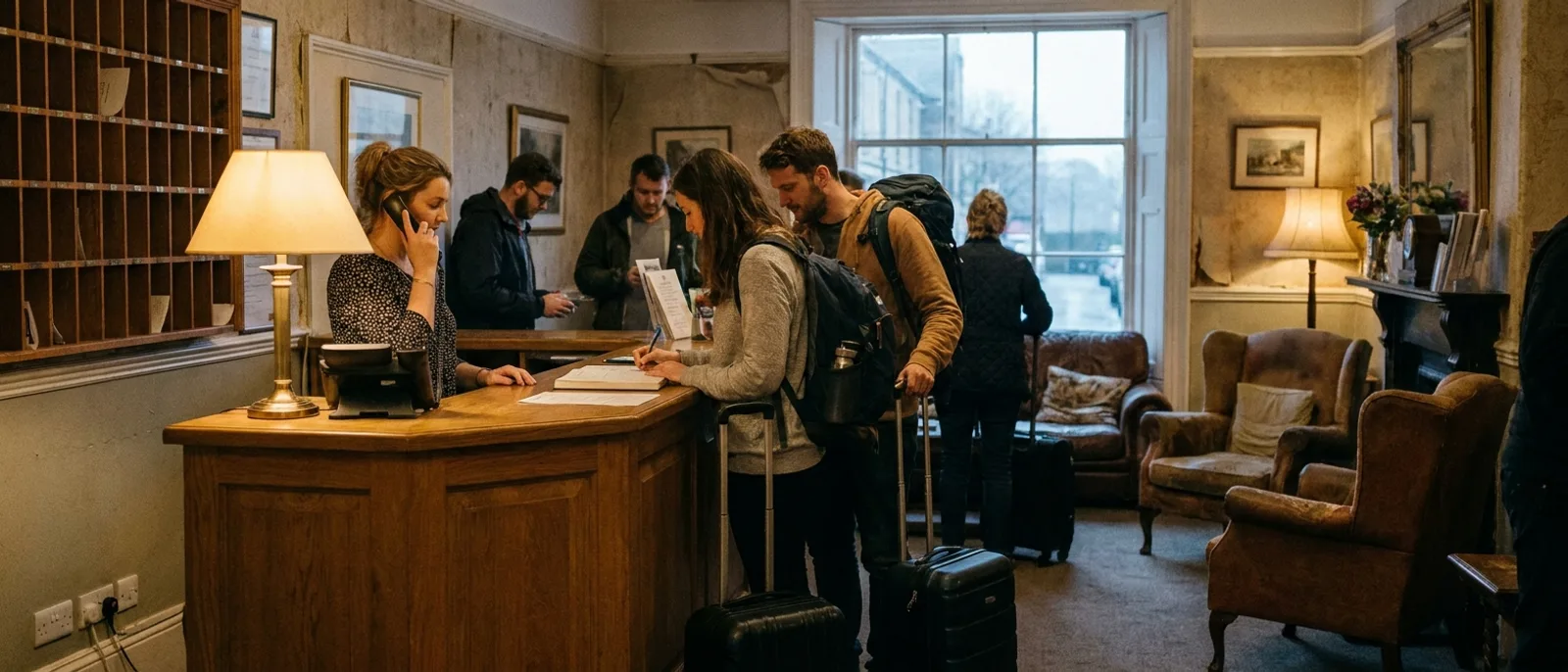 A hotel reception in the evening: guests checking in while the desk phone rings.