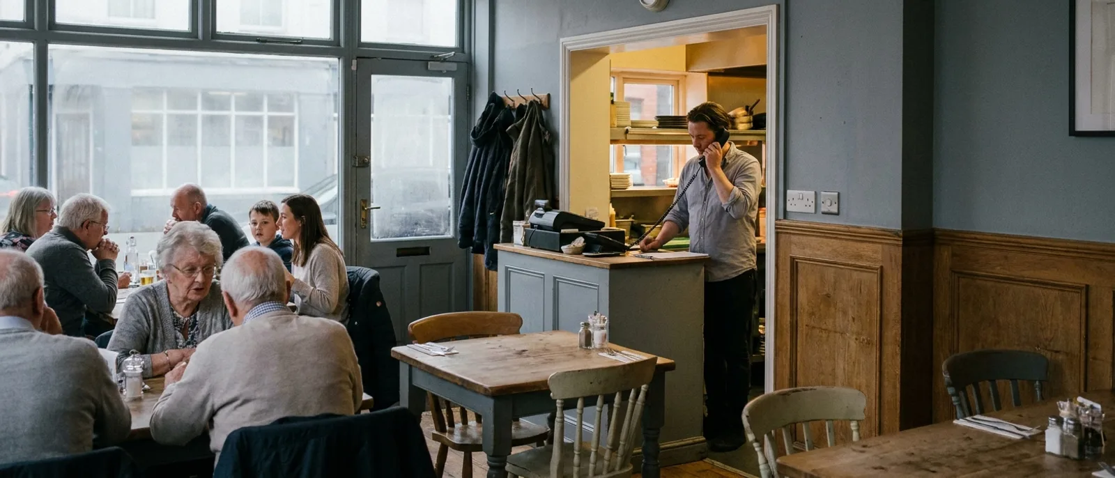 A restaurant during service: full tables while a member of staff takes a booking on the phone.