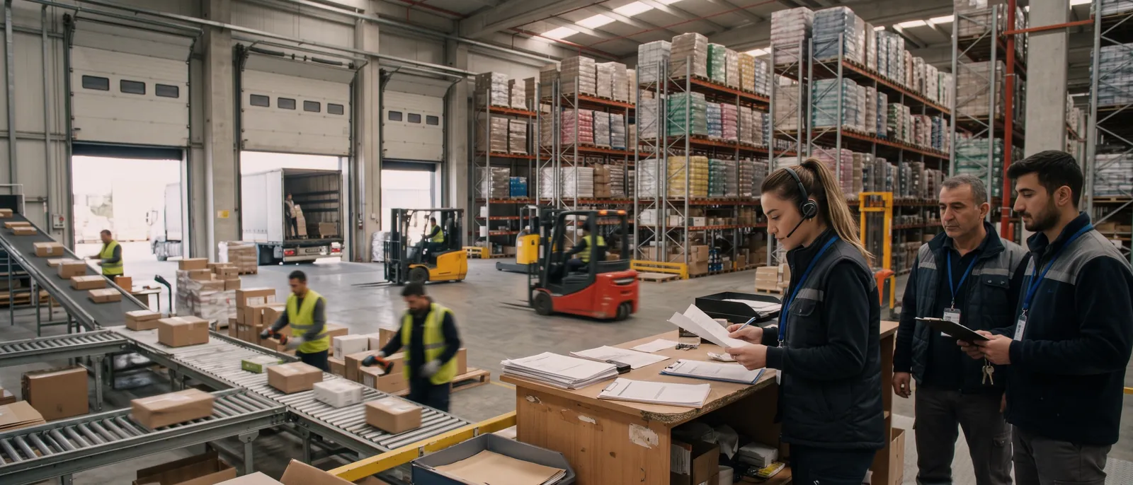A logistics operations room: vehicles on the board while a coordinator takes a call.