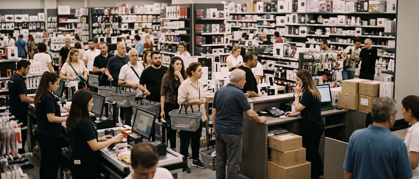 A shop counter at a busy hour: a queue of customers while a member of staff answers the phone.