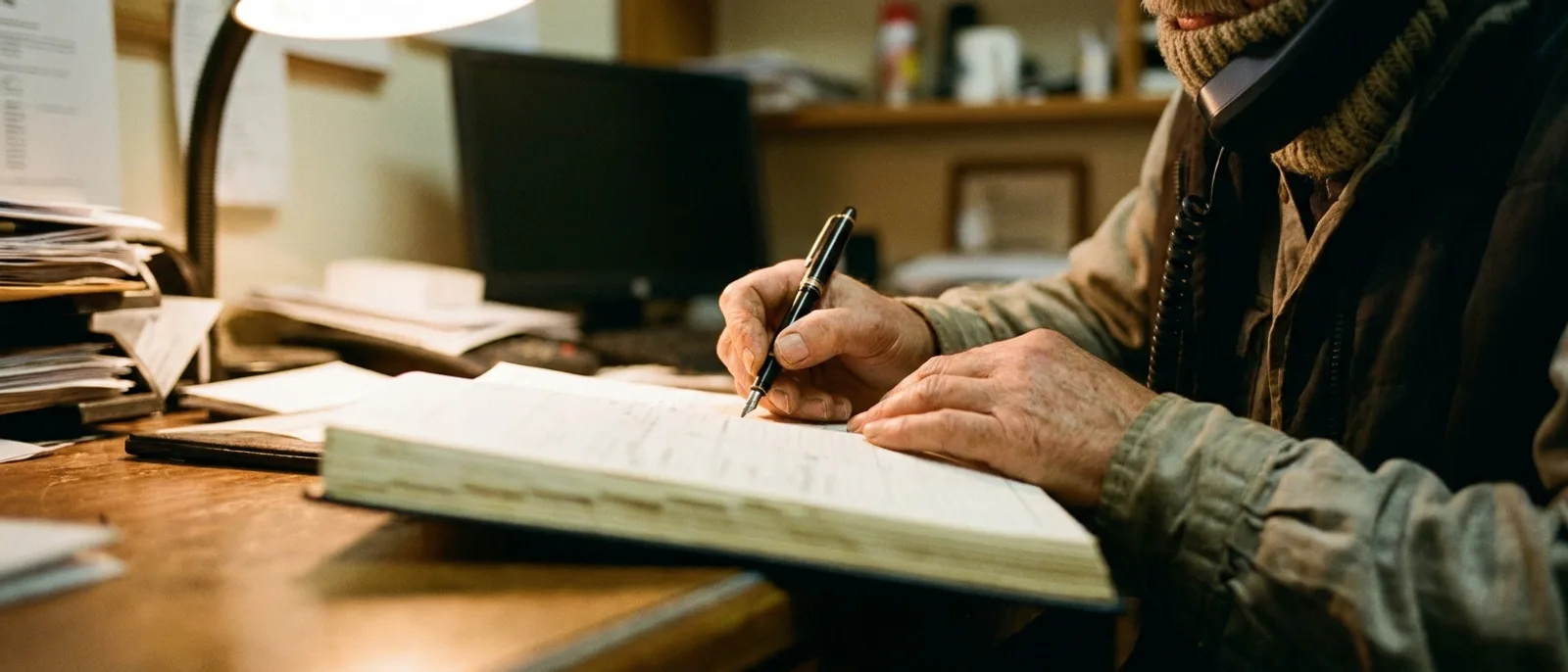 Hands writing a slot into a paper appointment diary, the handset cradled at the shoulder.