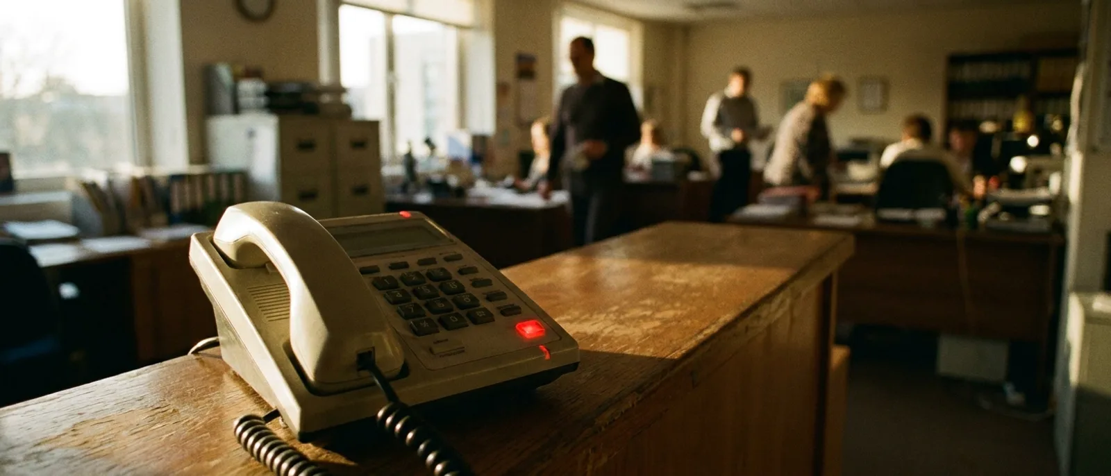 Ein klingelndes Tischtelefon auf einem leeren Empfangstresen, während dahinter alle beschäftigt sind.