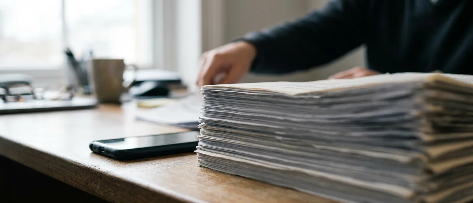 A long printed customer list on a desk with a phone waiting beside it, still to be worked through by hand.
