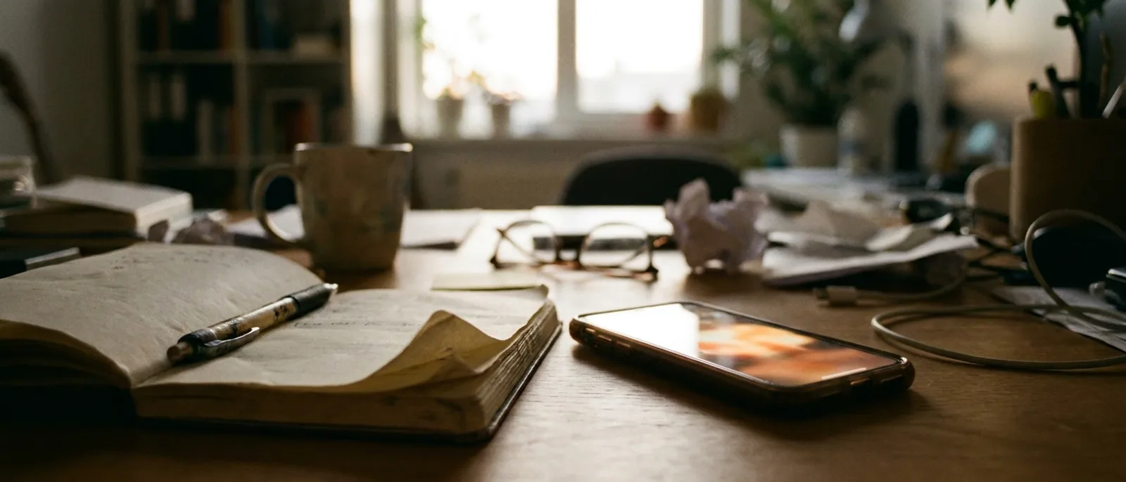 A desk at the end of the day: a diary open with a pen resting on it and a phone beside it.