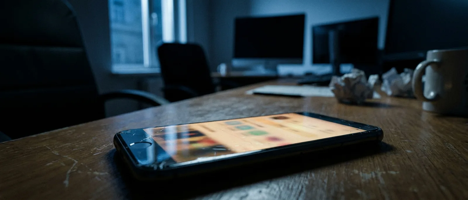 A lit phone screen on an empty office desk late at night; a new enquiry has landed and nobody is there.