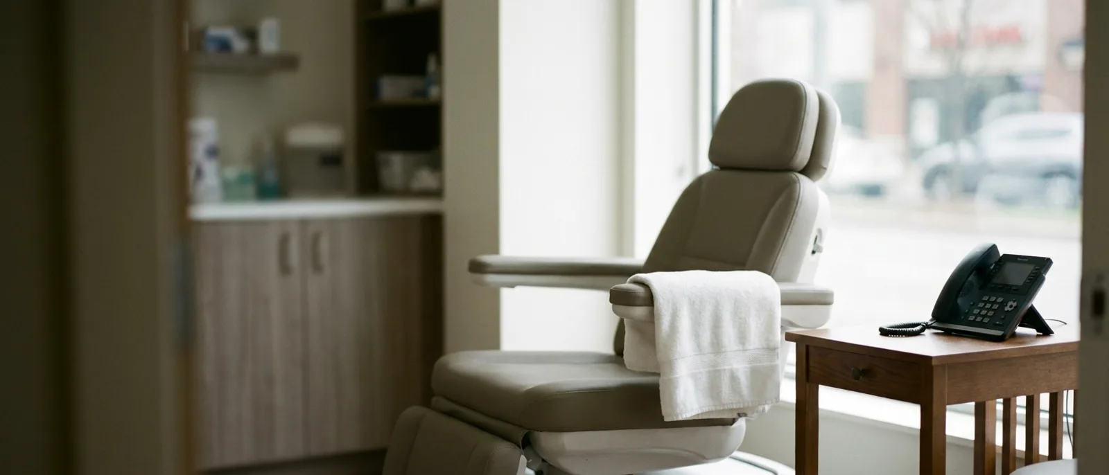 An empty appointment chair in a business, with a silent telephone on the desk beside it.