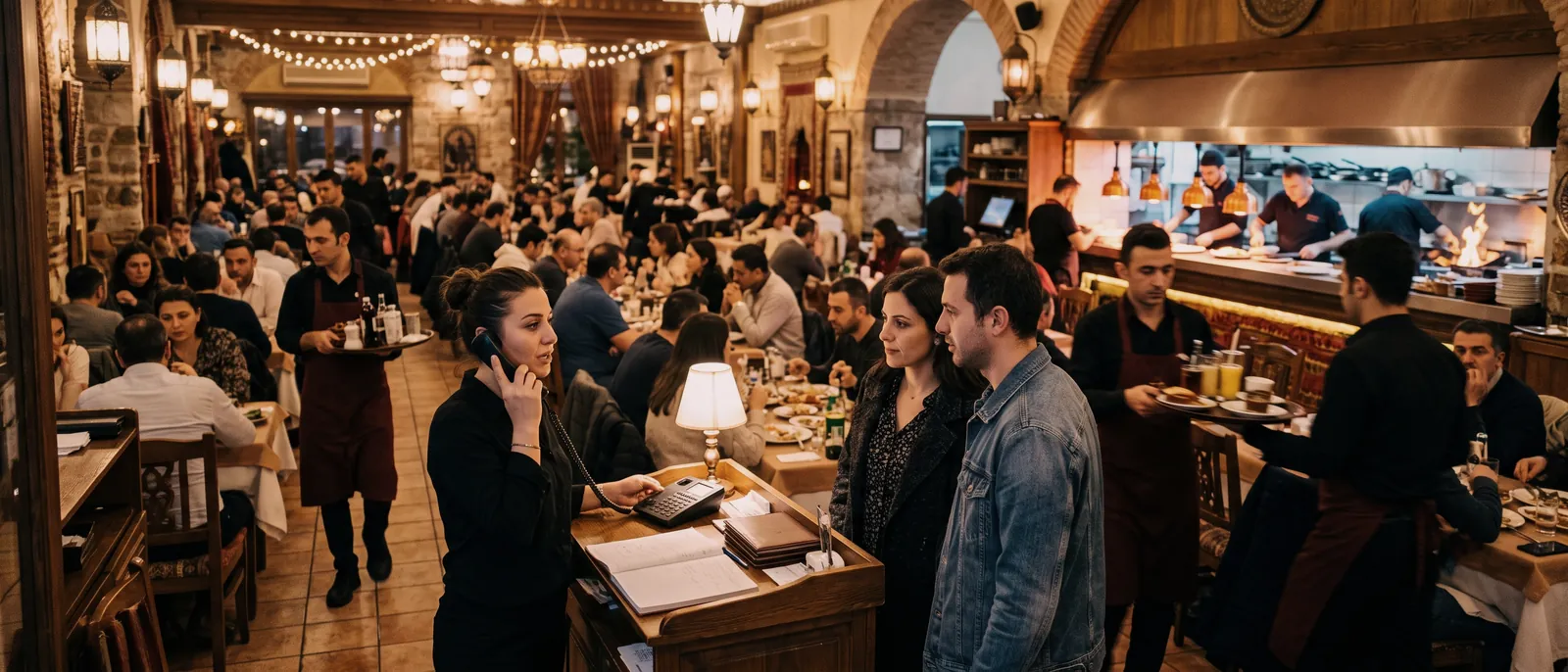 Ein Restaurant im Service: volle Tische, während eine Mitarbeiterin am Telefon eine Reservierung aufnimmt.
